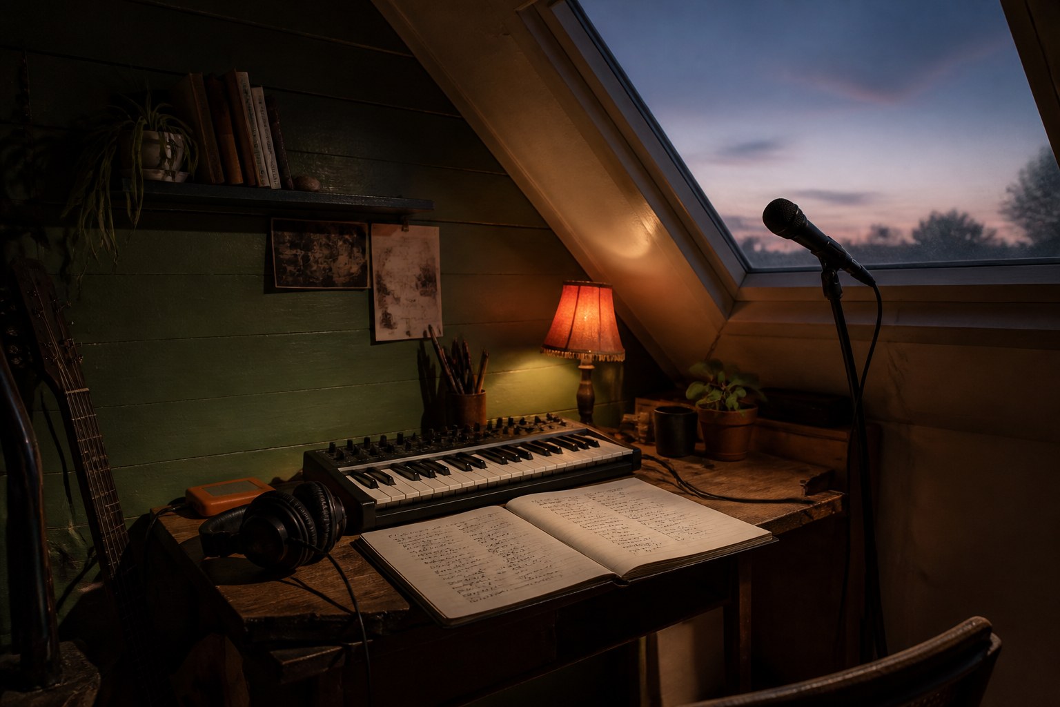 Een microfoon, keyboard en open schrijfboek in een kleine thuisstudio
