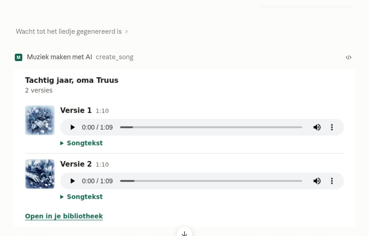 Claude met de tool create_song van Muziek maken met AI en de speler met twee versies van 'Tachtig jaar, oma Truus'