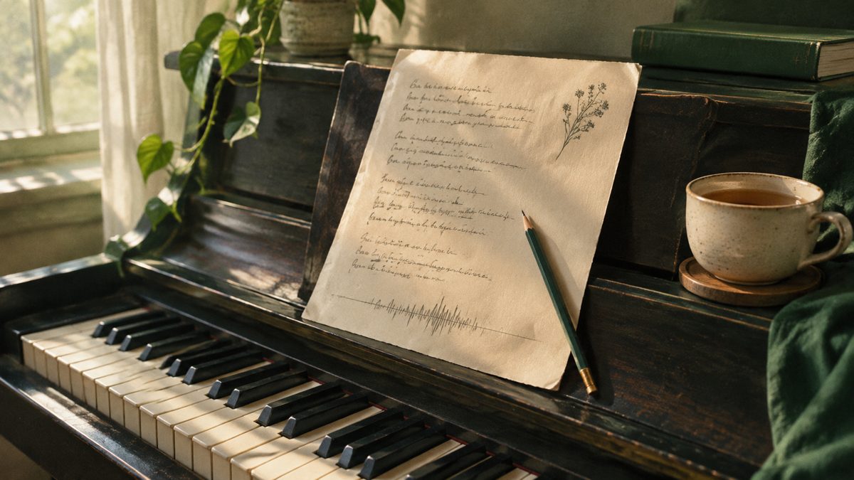 Handgeschreven songtekst met potlood op een oude piano, met een kop thee ernaast in ochtendlicht