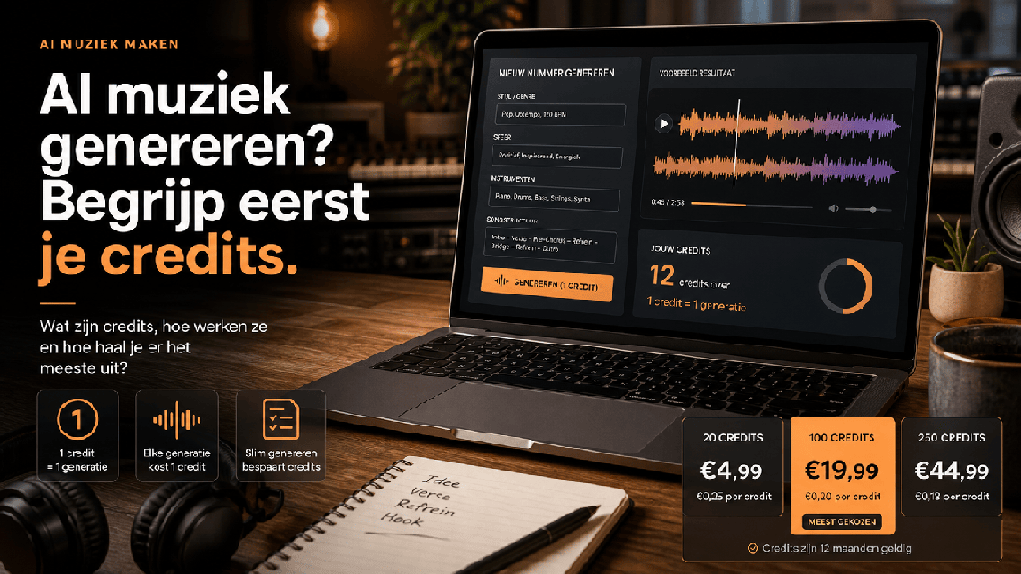 AI muziekdashboard met credits, waveform en prijsinformatie