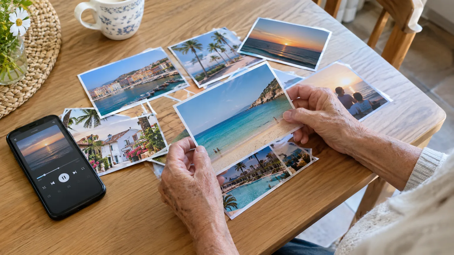 Oudere handen pakken een vakantiefoto van een strand van een keukentafel vol afgedrukte zomerfoto's, met een telefoon ernaast