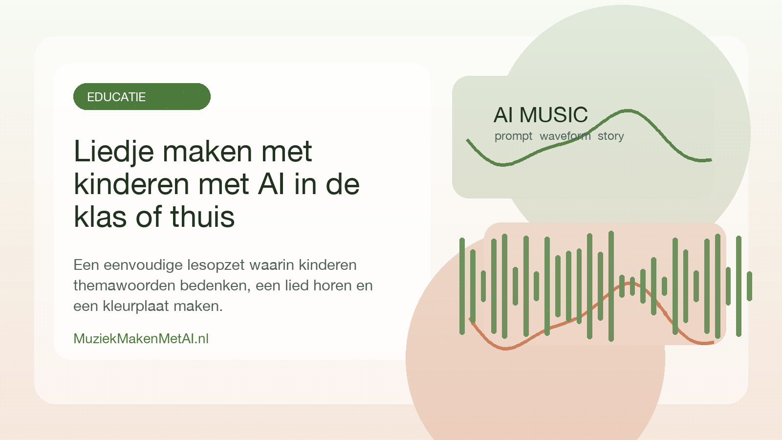 Klastafel met kleurplaten, potloden, themawoorden en AI muziek op tablet