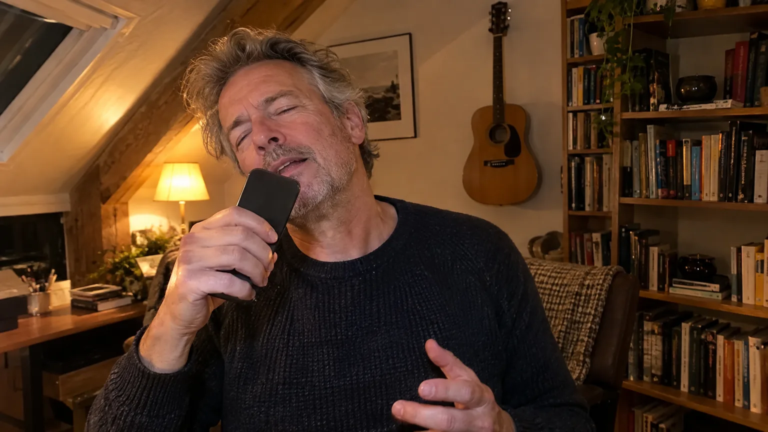Man van rond de vijftig op een zolderkamer die met gesloten ogen zachtjes in zijn telefoon zingt, met een gitaar aan de muur