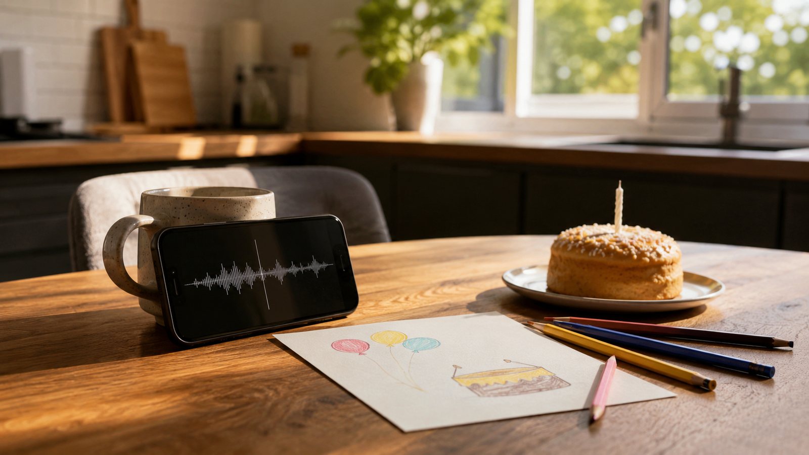 Smartphone met een audiogolf naast een verjaardagstekening en een taartje op de keukentafel