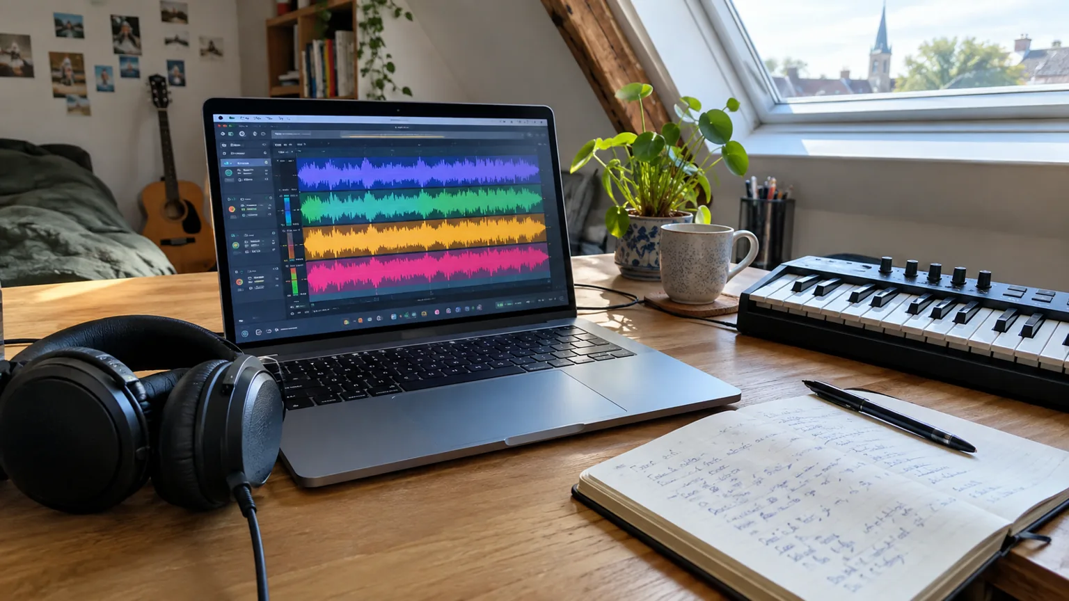 Bureau op een zolderkamer met een laptop vol gekleurde geluidsgolven, een studiokoptelefoon, een klein keyboard en een notitieboek met songregels
