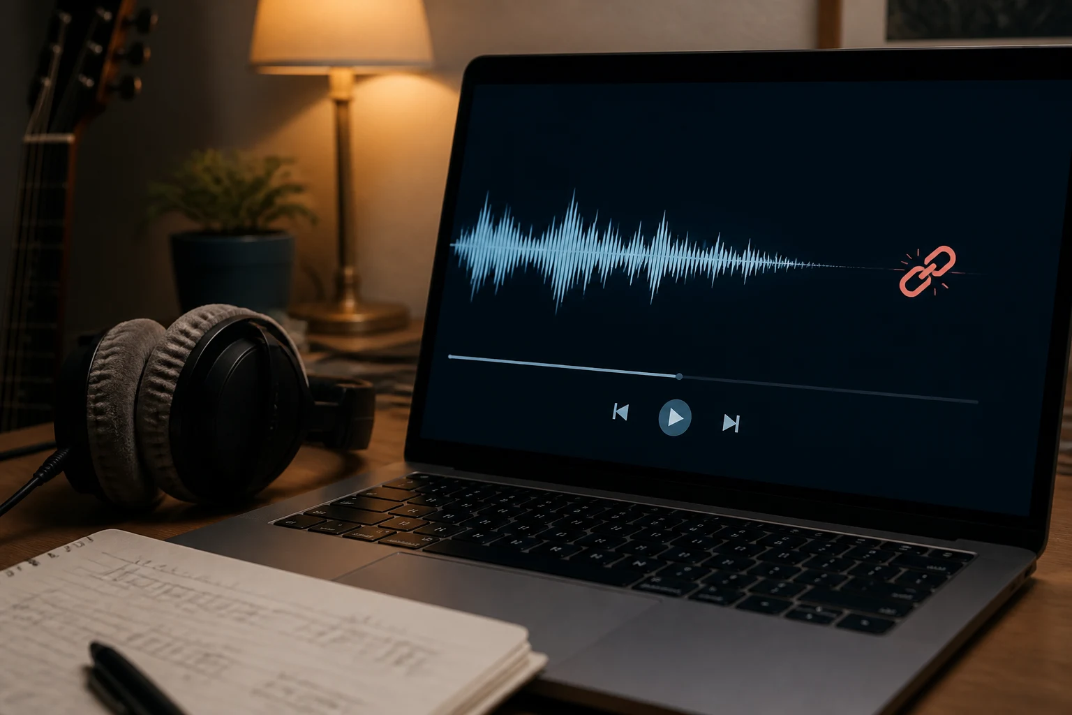 Laptop met een geluidsgolf die overgaat in een verbroken downloadlink, naast een koptelefoon