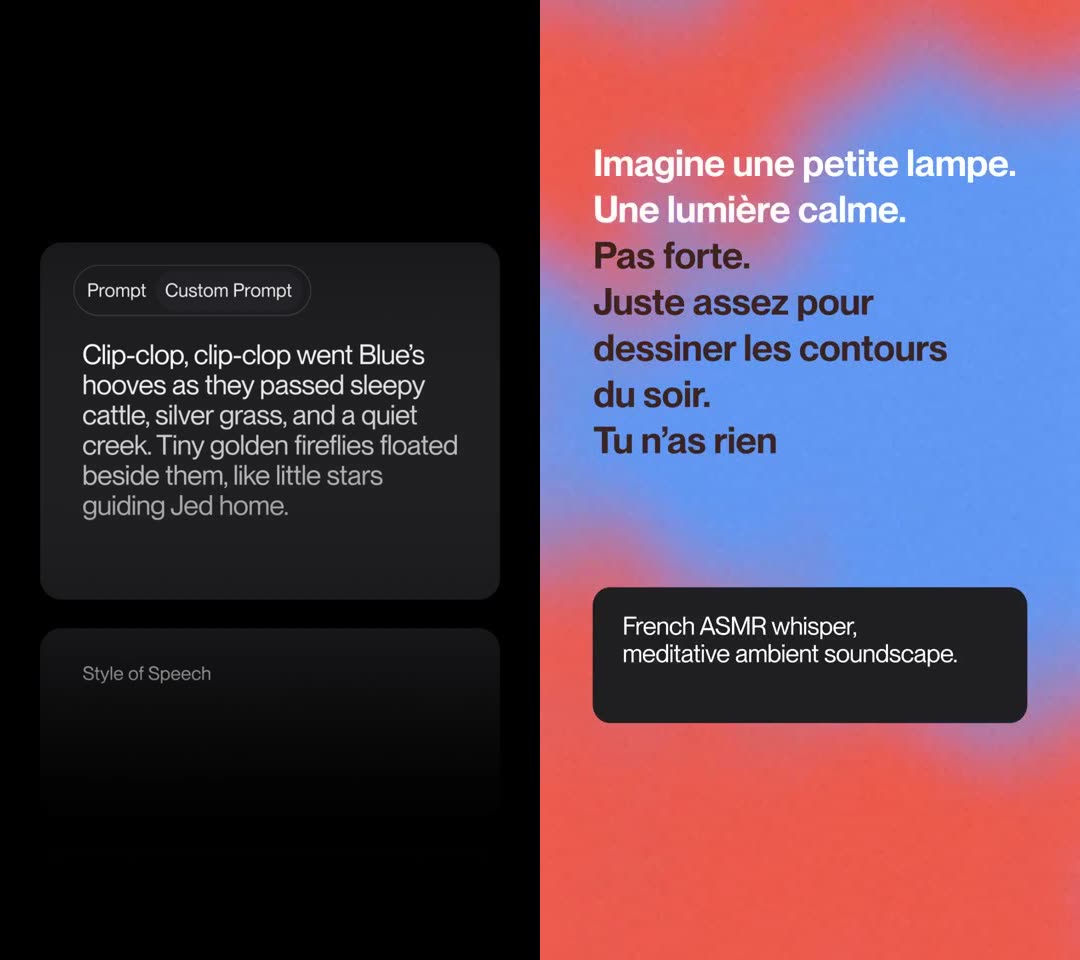 Twee stills uit Suno's lanceringsvideo: links het invoerveld met een eigen tekst en het veld Style of Speech, rechts een Franse voorleestekst met de stijl French ASMR whisper