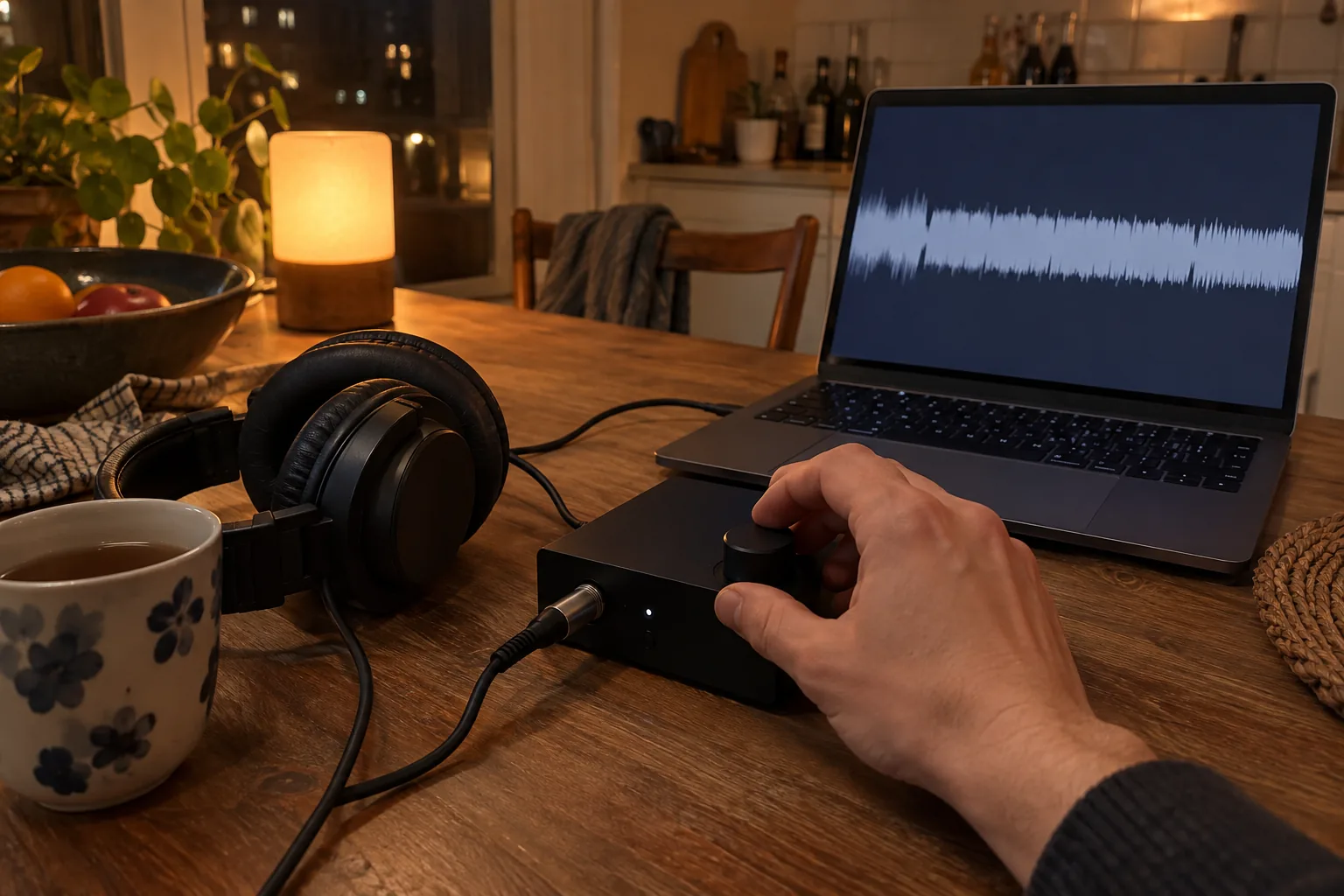 Hand draait aan een knop van een audio-interface naast een laptop met een platgedrukte golfvorm, koptelefoon en thee op de keukentafel
