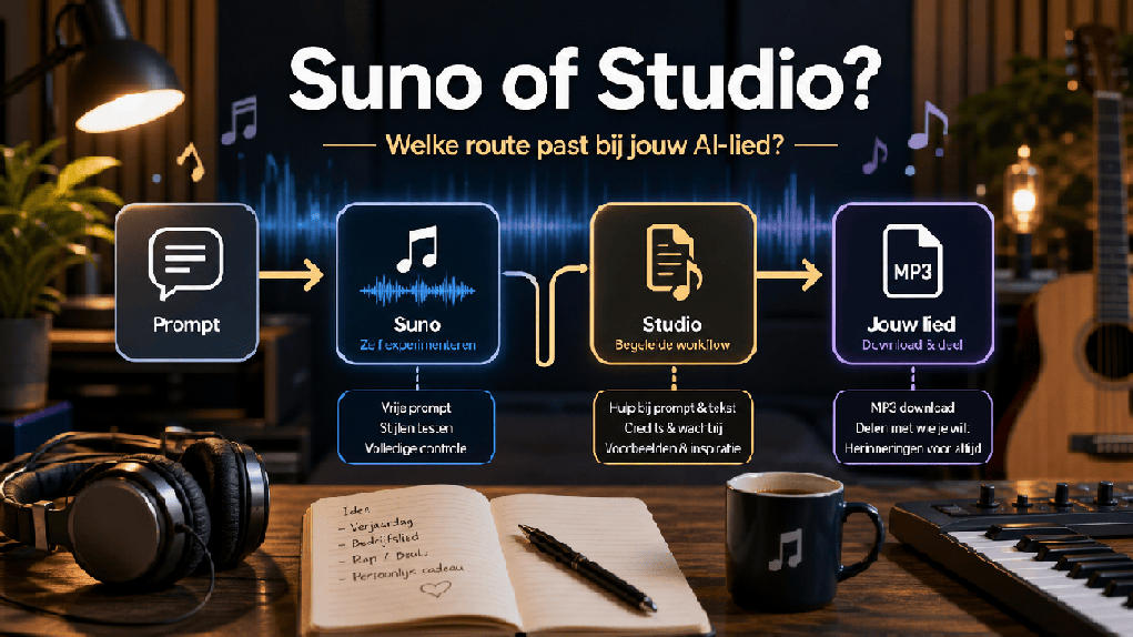 Keuzehulp voor Suno, prompt en Studio-route naar een AI-lied