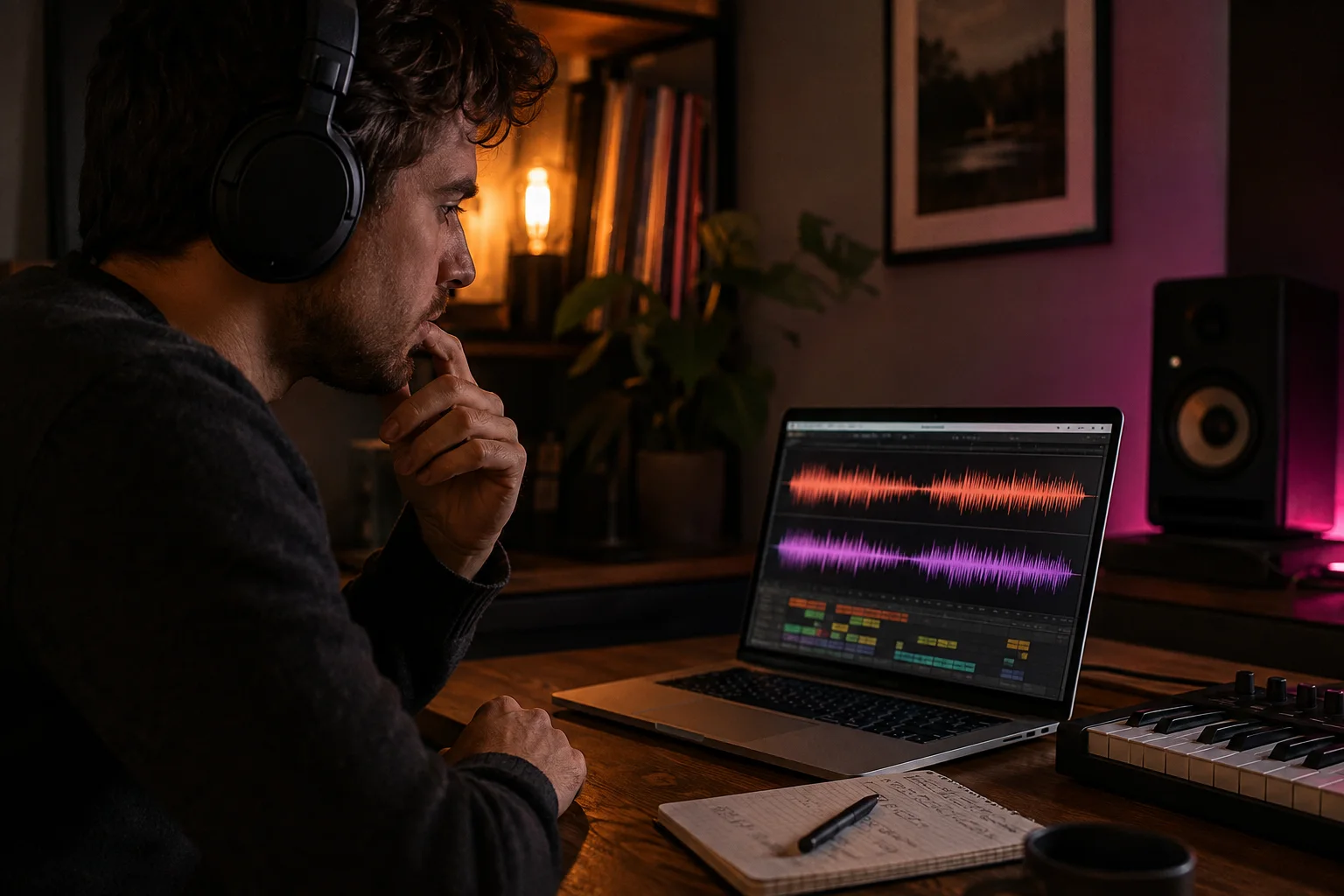 Muziekmaker vergelijkt met een koptelefoon twee audioversies en hun golfvormen op een laptop