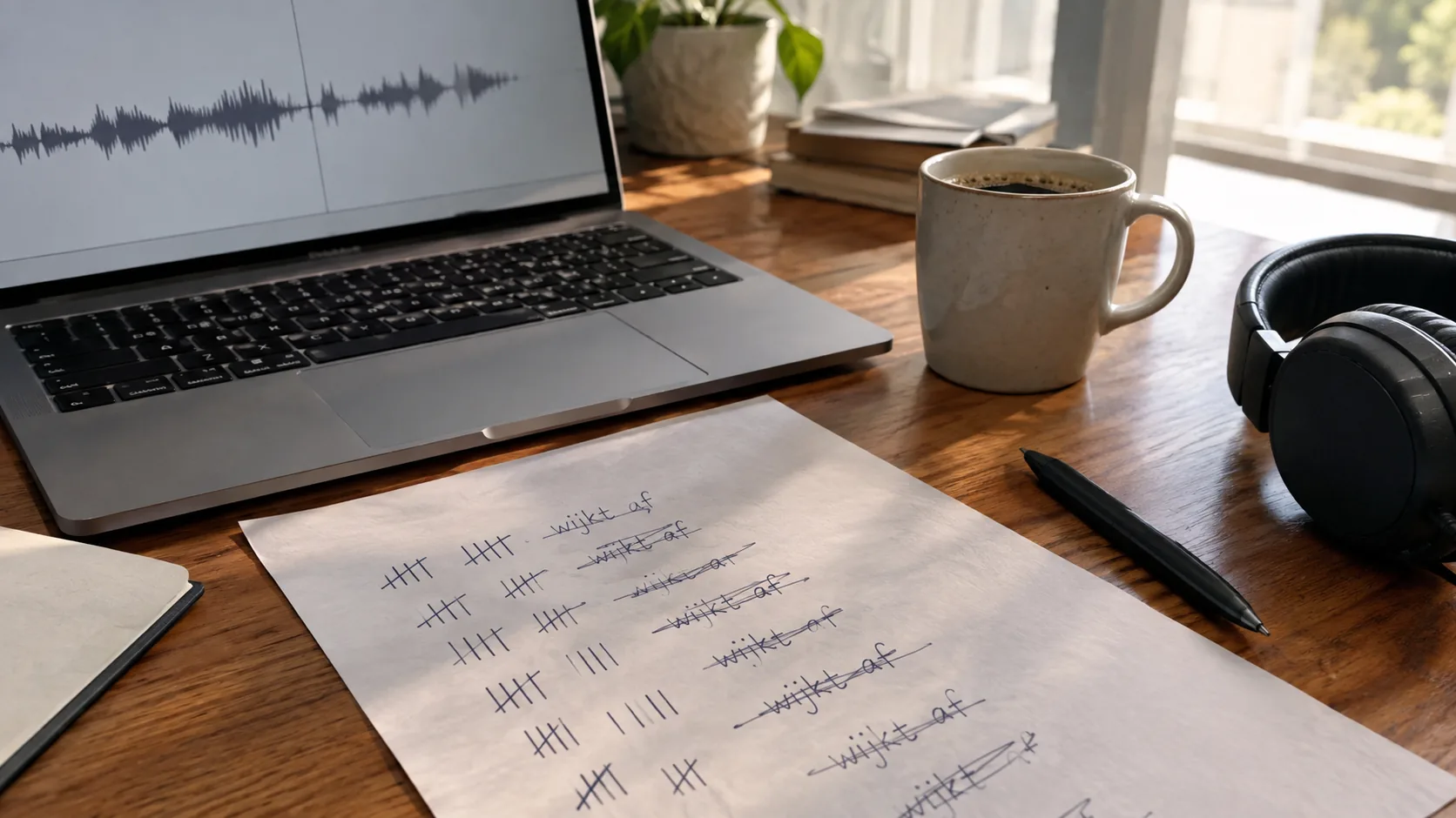 Bureau met laptop met een geluidsgolf, koptelefoon en een vel papier vol doorgestreepte turfstreepjes