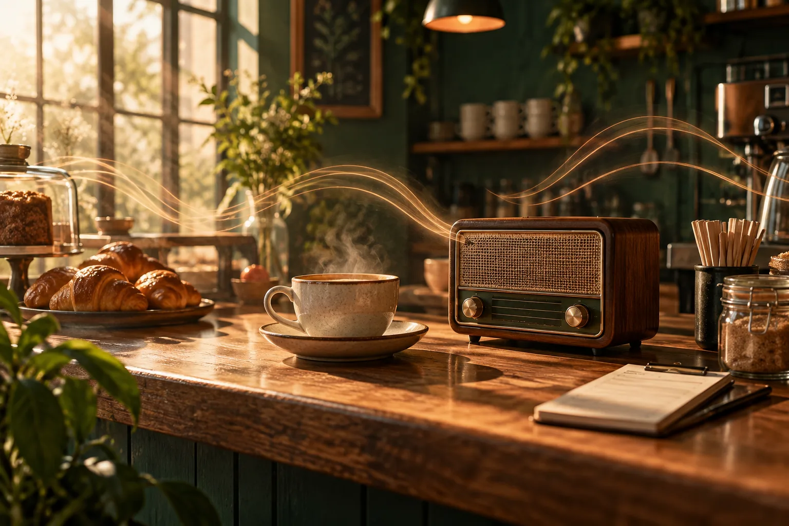 Koffiekop en kleine radio op een houten toonbank, met warme geluidsgolven in het ochtendlicht