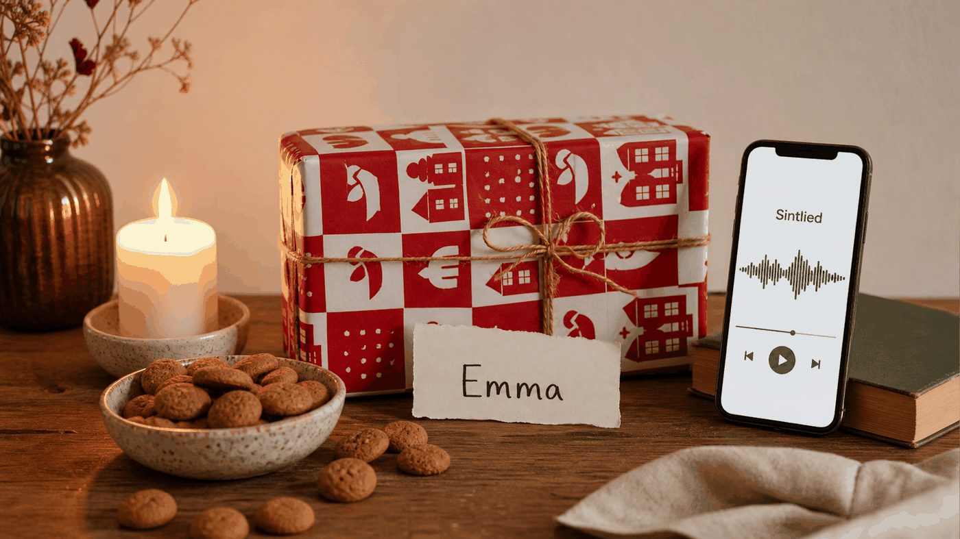 Cadeau met sinterklaaspapier naast een telefoon waarop een eigen sinterklaasliedje afspeelt