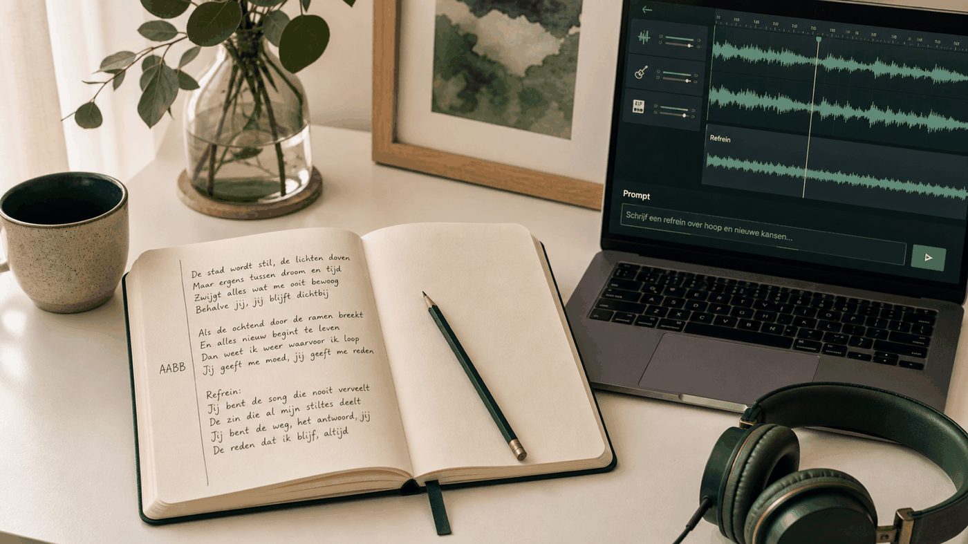 Notitieboek met songtekstregels en rijmschema naast een laptop met de AI-studio