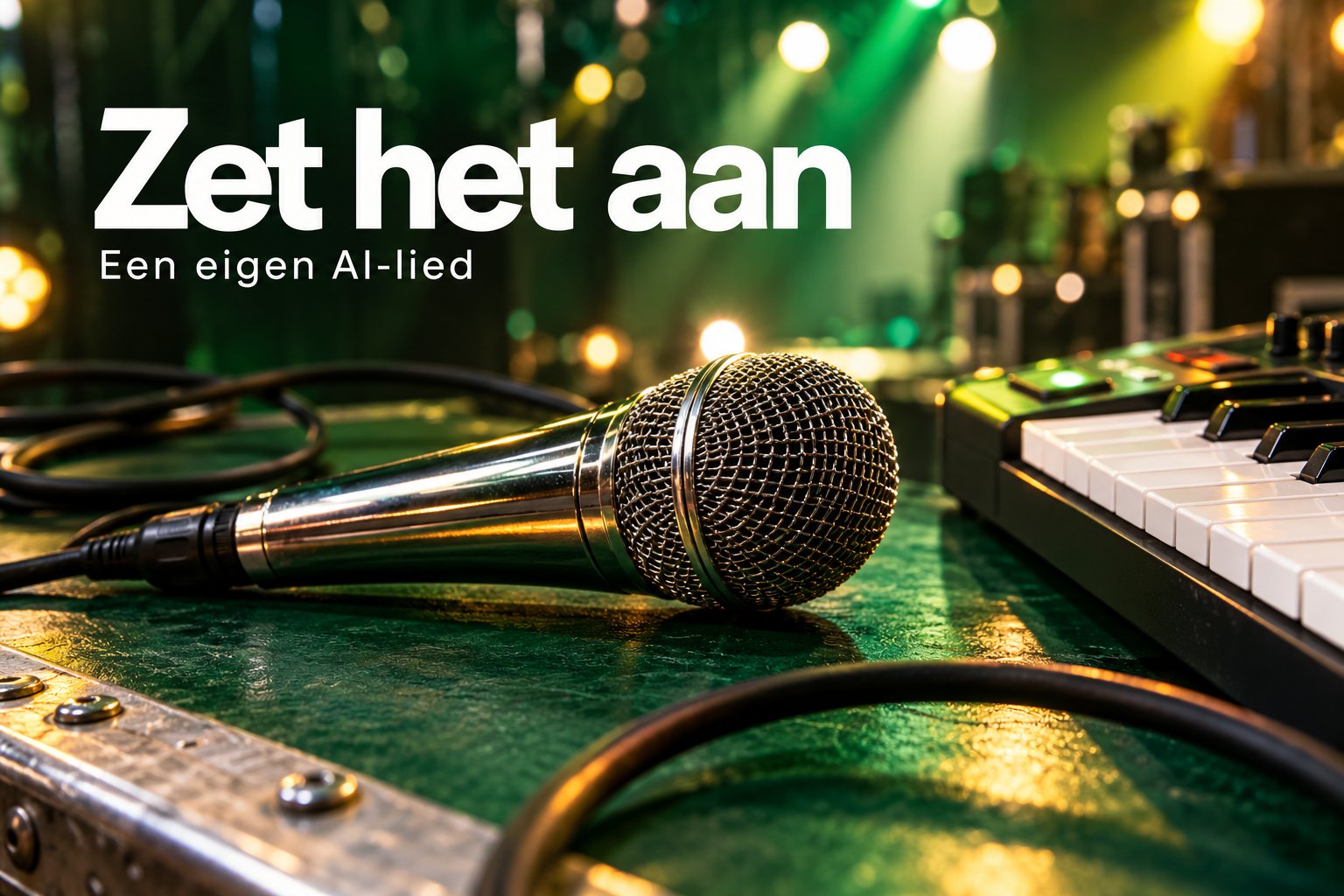 Groene platenhoes van ons eigen AI-nummer Zet het aan, met microfoon en toetsen