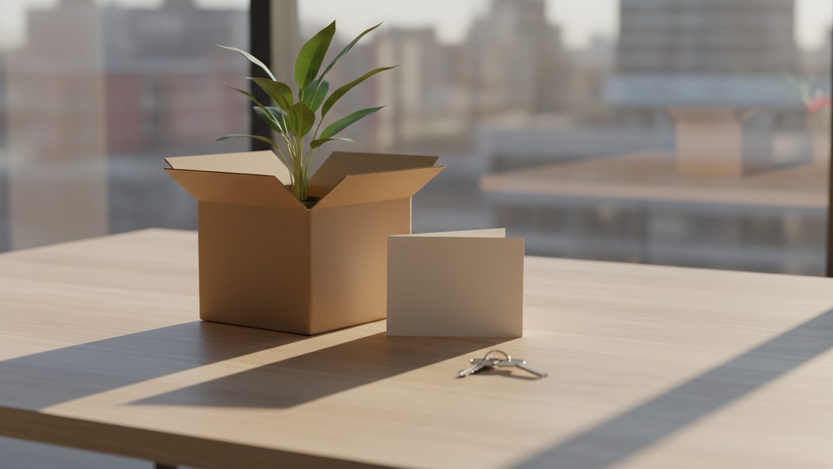 Leeg bureau met een kartonnen doos, een plant, een kaartje en een sleutelbos