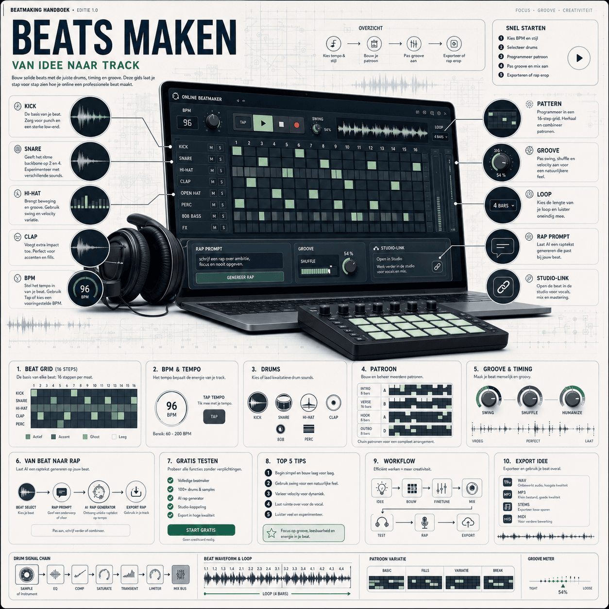 Premium infographic over beats maken met beat grid, BPM, waveform en drum pads