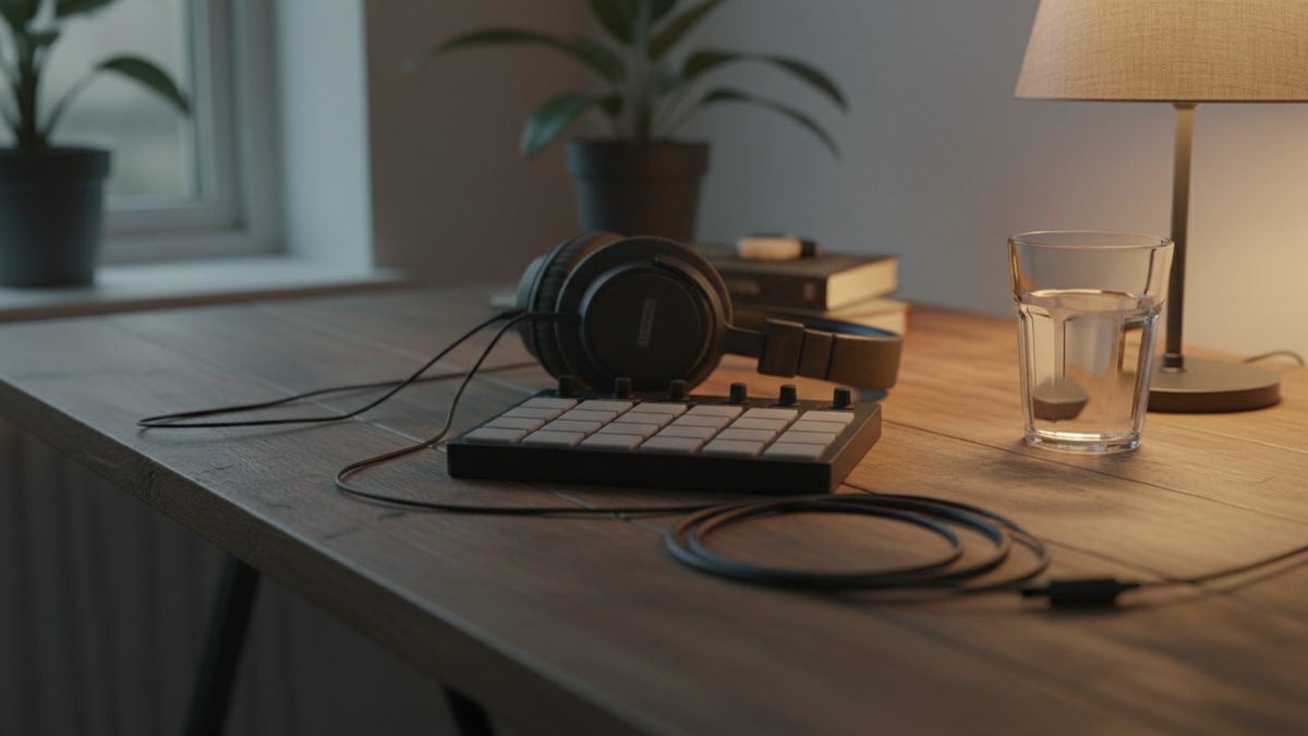Compacte drumpad met koptelefoon op een houten bureau bij lamplicht