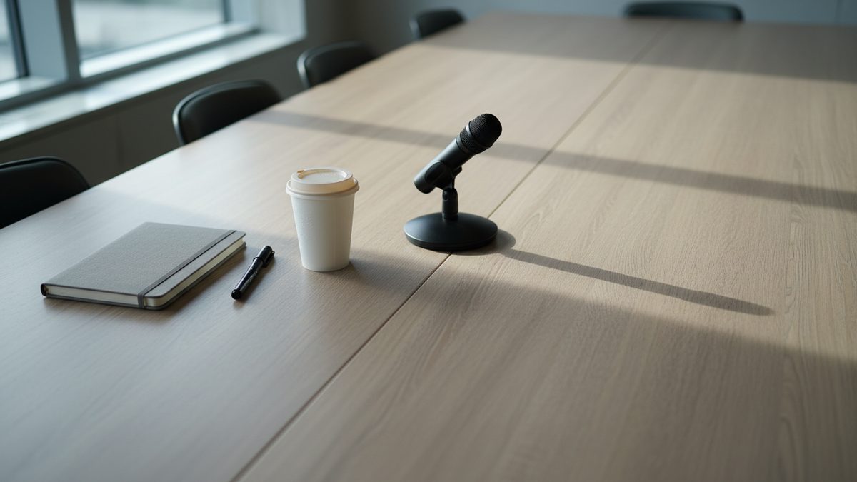 Vergadertafel met een notitieboek, marker, koffiebeker en een kleine tafelmicrofoon