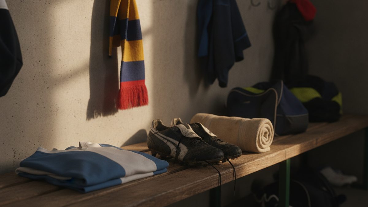 Kleedkamerbank met een opgevouwen shirt, voetbalschoenen en een handdoek, met een sjaal aan de haak