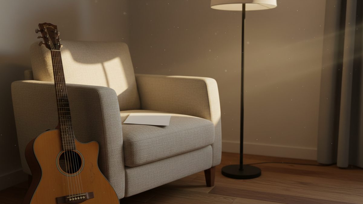 Akoestische gitaar tegen een fauteuil met een vel papier op de zitting