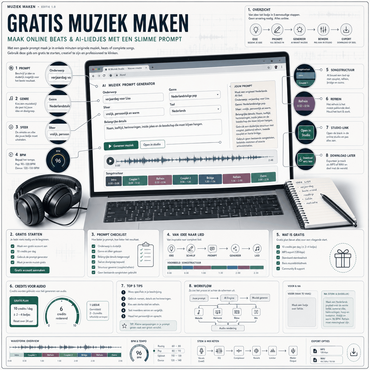Premium infographic over gratis muziek maken met AI, promptvelden en waveform workflow