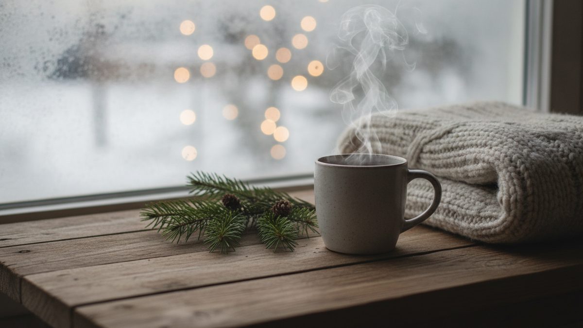 Tafel bij een raam in de winter met dennentakjes, een dampende mok en een wollen deken