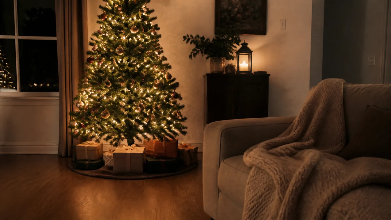 Kerstboom met warme lichtjes in een huiskamer, met cadeautjes eronder