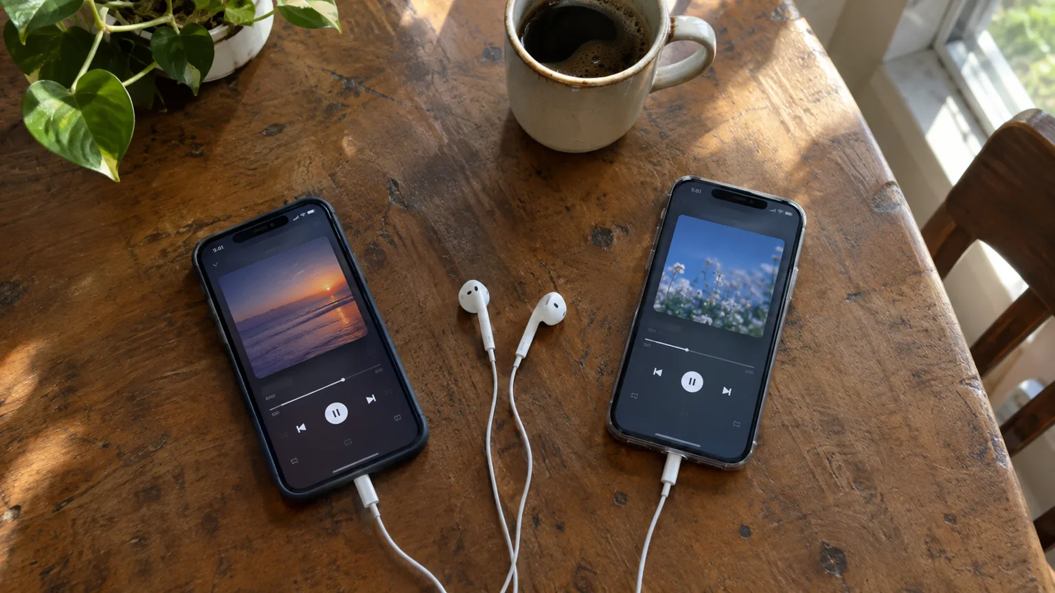 Twee telefoons naast elkaar op een houten keukentafel, allebei met een muziekspeler open en oordopjes ertussen