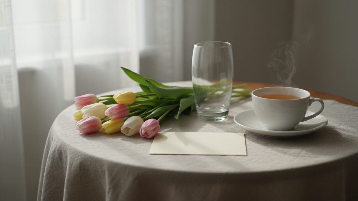 Tafeltje met tulpen naast een vaas, een kaartje en een kopje thee