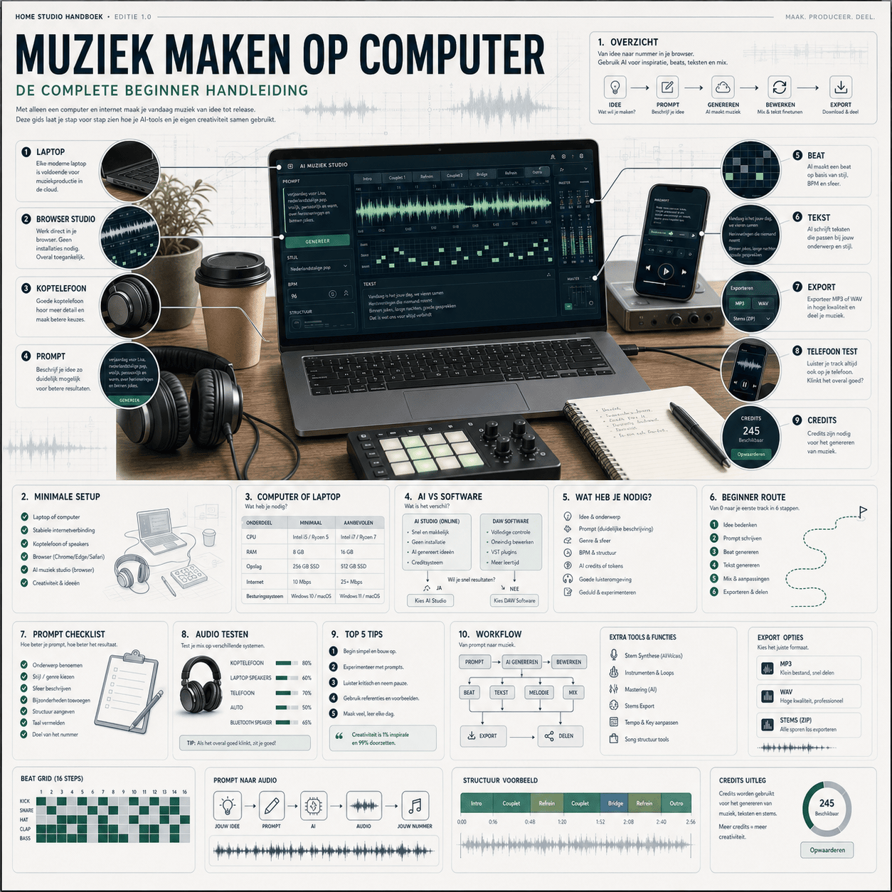 Premium infographic over muziek maken op computer met laptop, koptelefoon en AI Studio