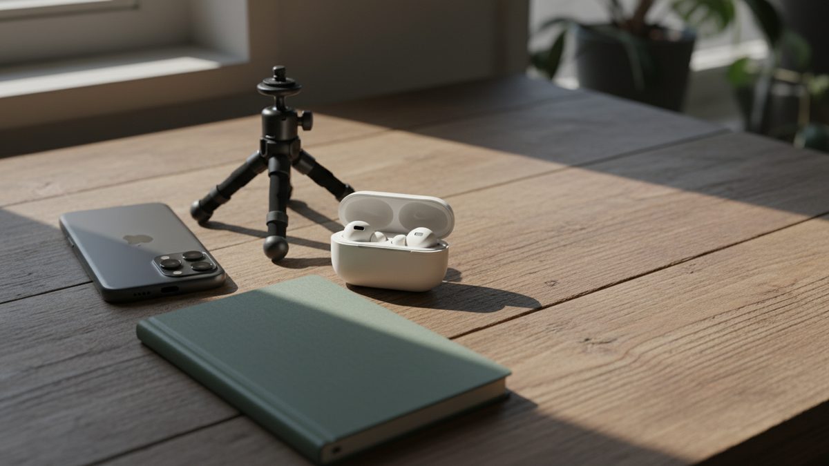 Telefoon met statief en oordopjes op een bureau bij daglicht