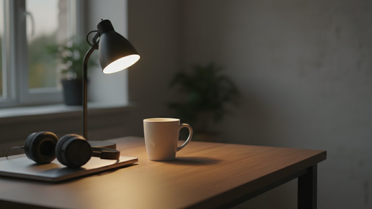 Bureau met een dichtgeklapte laptop, koptelefoon erop en een bureaulamp