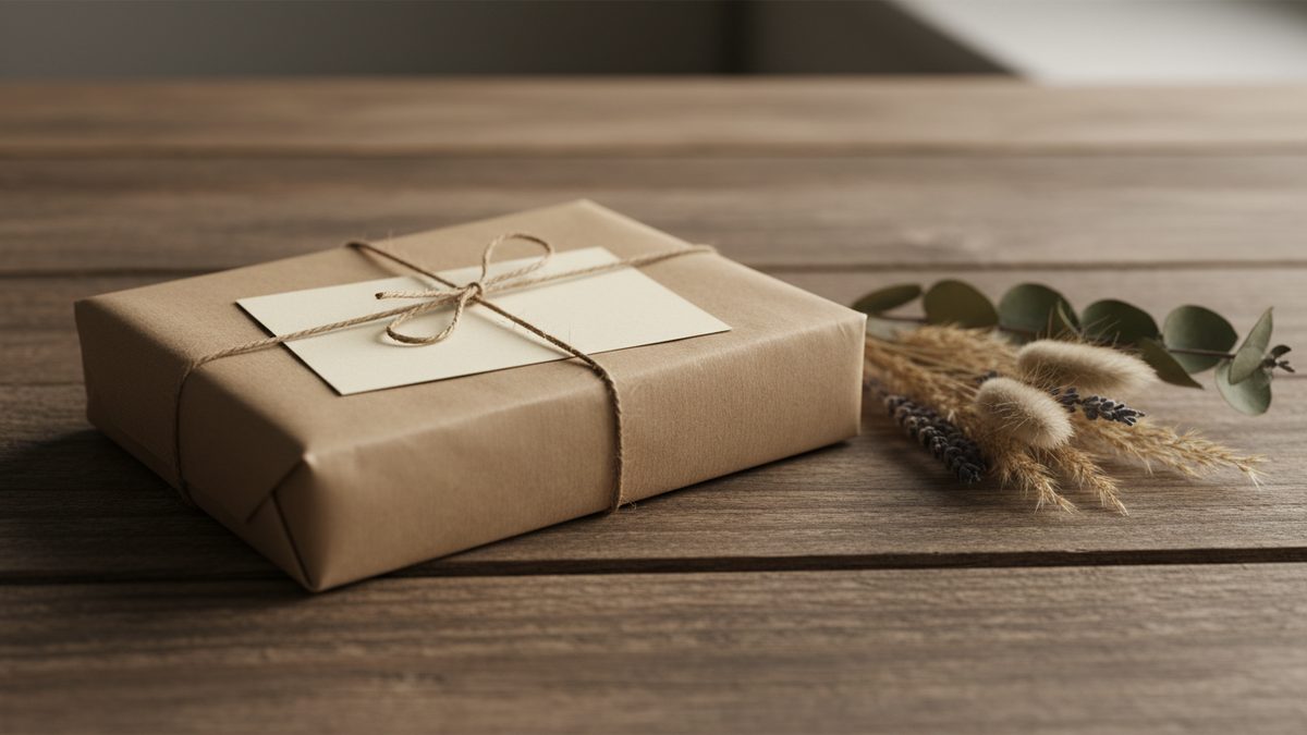 Cadeau in kraftpapier met touw en een kaartje eronder, met droogbloemen ernaast
