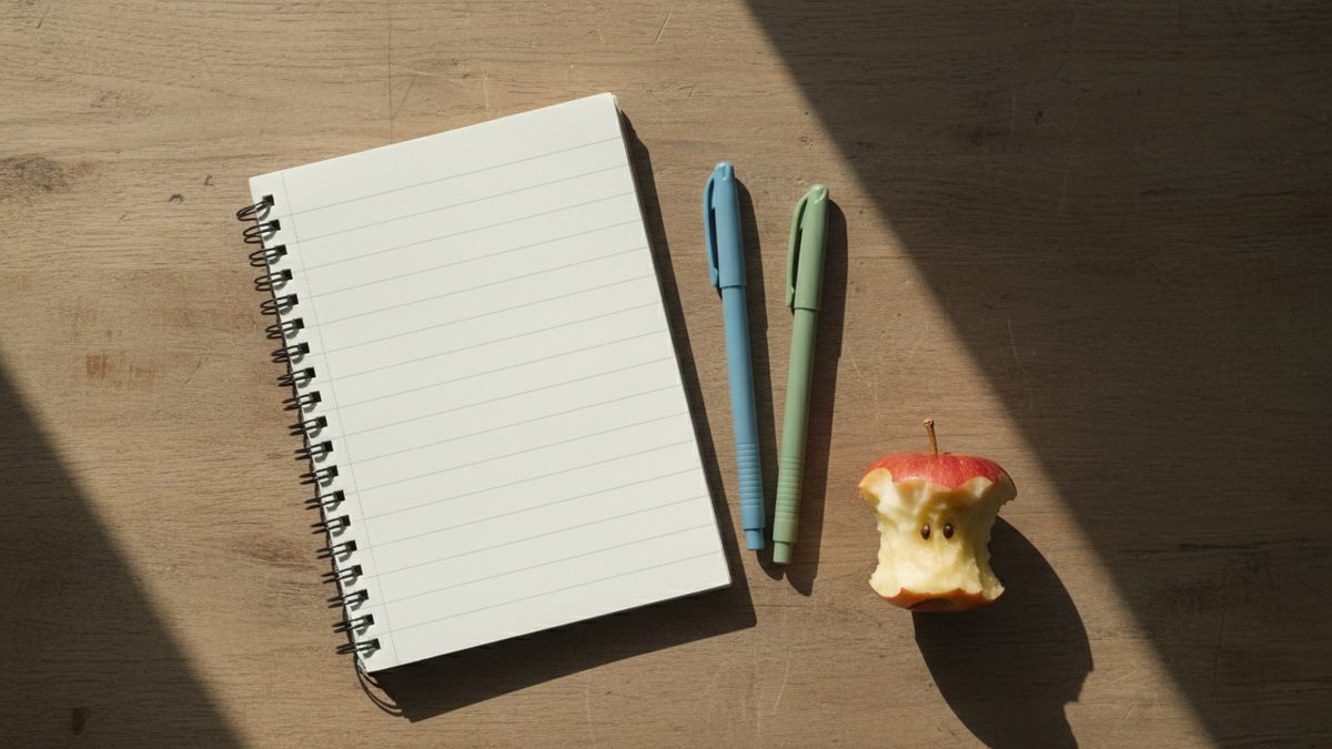 Leeg notitieblok met drie pennen ernaast op een keukentafel bij daglicht