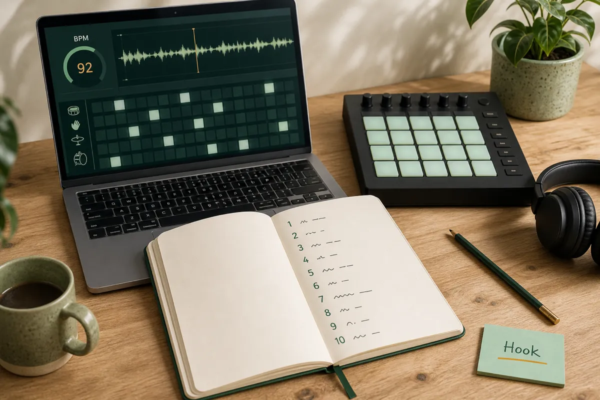 Rap-workflow op laptop met beatgrid, BPM en waveform, naast een notitieboek met tien genummerde tekstregels en een Hook-kaartje