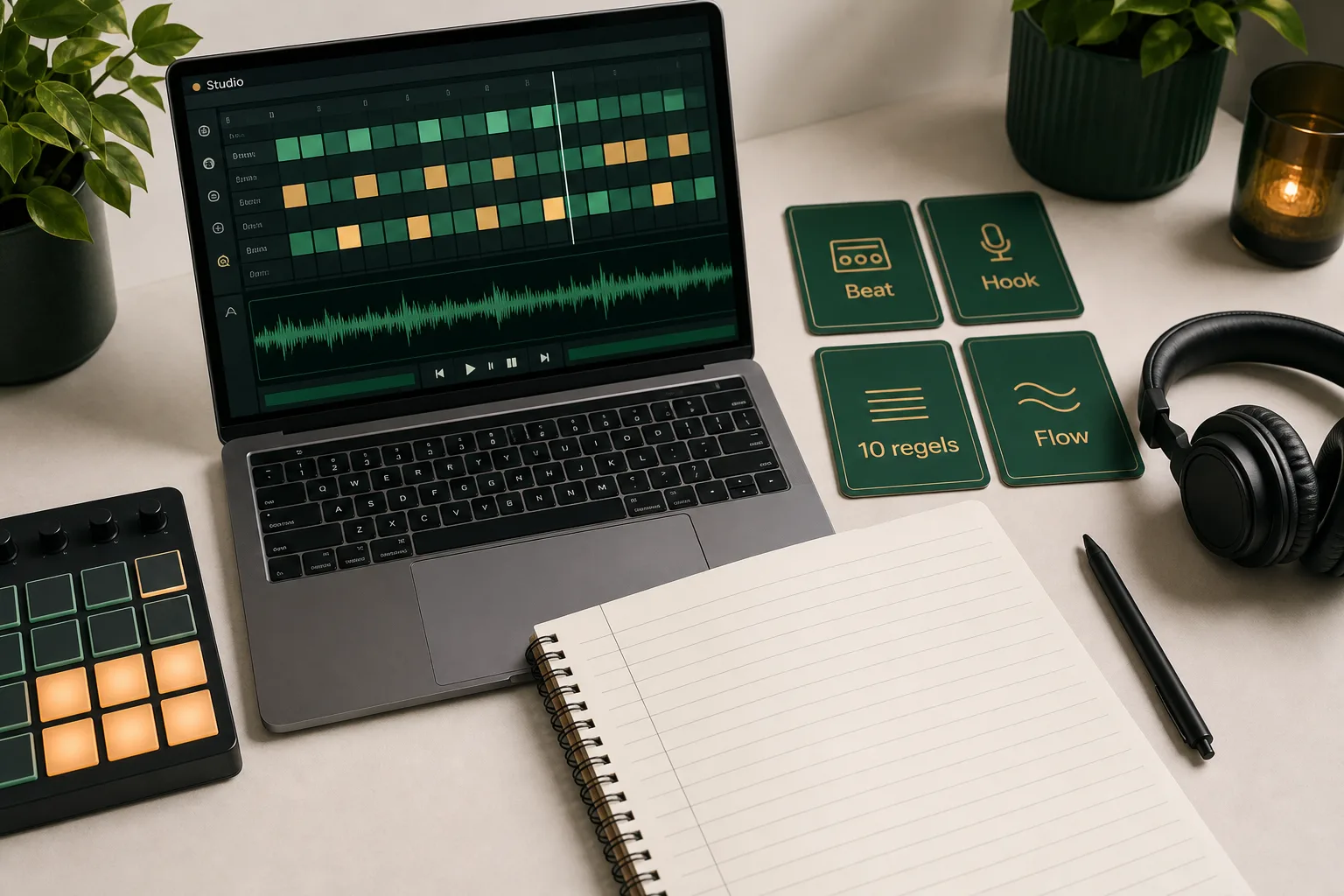 AI rap workflow met beatgrid, hook, tien regels tekst en flow-kaarten