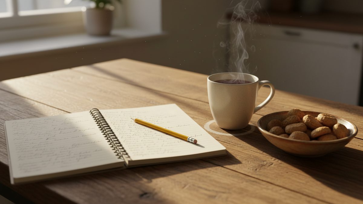 Open schrift met een potlood op een houten tafel, met een mok thee en een schaaltje pepernoten ernaast