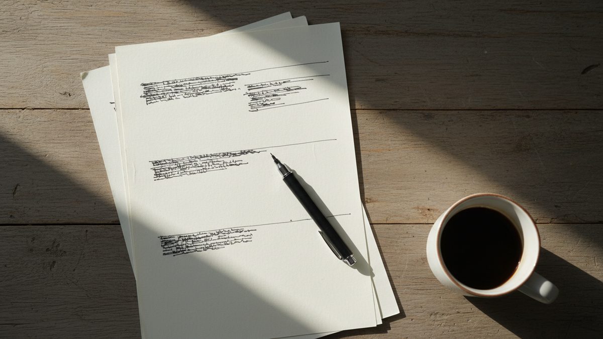 Losse vellen papier met handgeschreven tekstblokken en een pen op een houten tafel