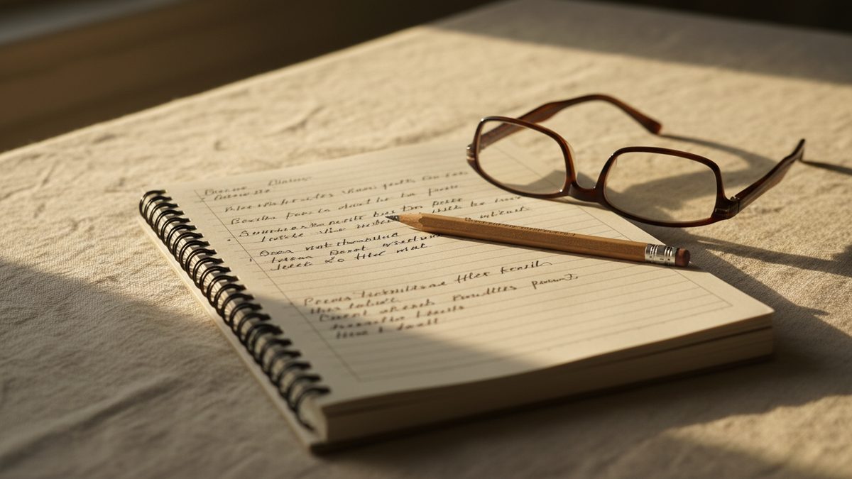 Open schrift met doorgestreepte en herschreven regels, een potlood en een leesbril