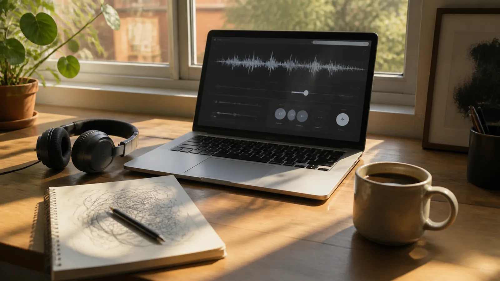 Bureau bij een raam met een laptop met muziekspeler, koptelefoon en een notitieblok met songtekstregels