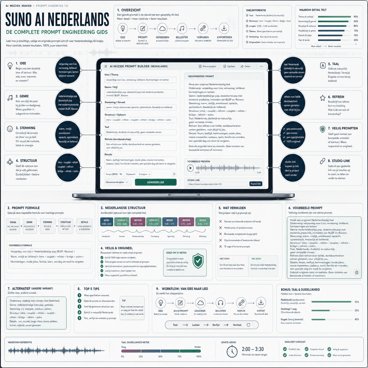 Premium infographic over Nederlandse AI muziek prompts zonder artiestimitatie