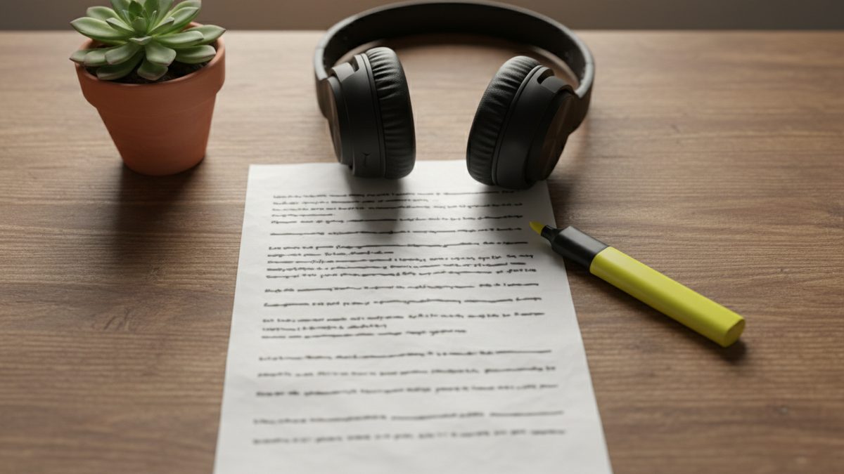 Uitgeprinte prompt met een markeerstift en een koptelefoon op een bureau