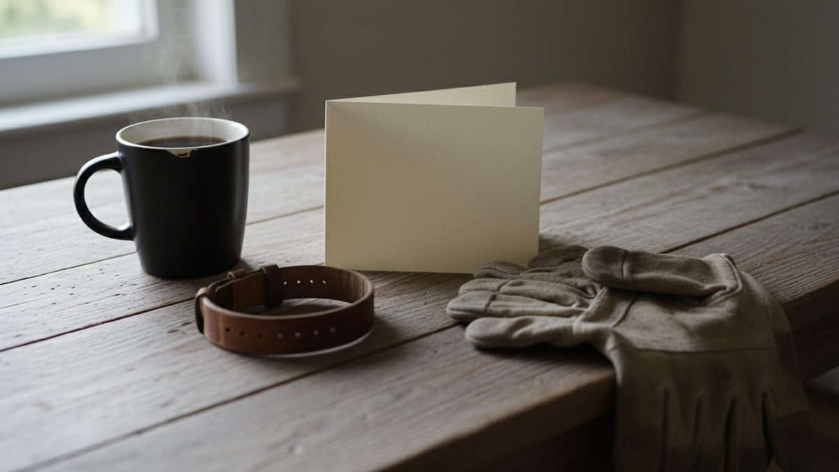 Keukentafel met een leren horlogeband, een opgevouwen kaart, koffie en werkhandschoenen