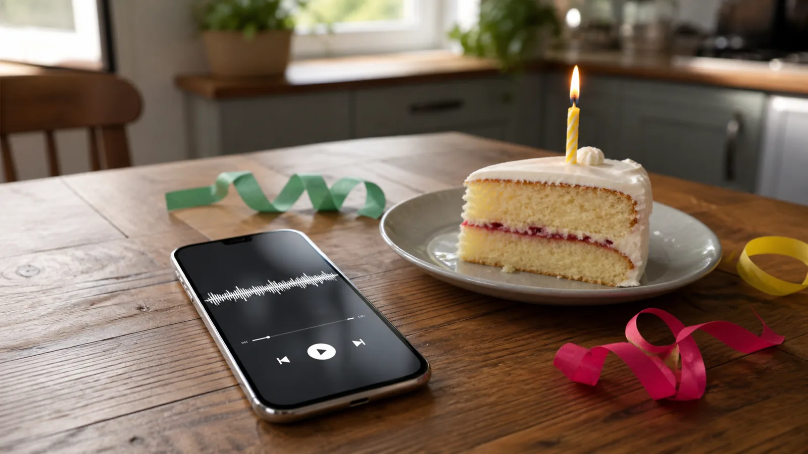 Telefoon met muziekspeler naast een stuk verjaardagstaart met kaarsje op een keukentafel