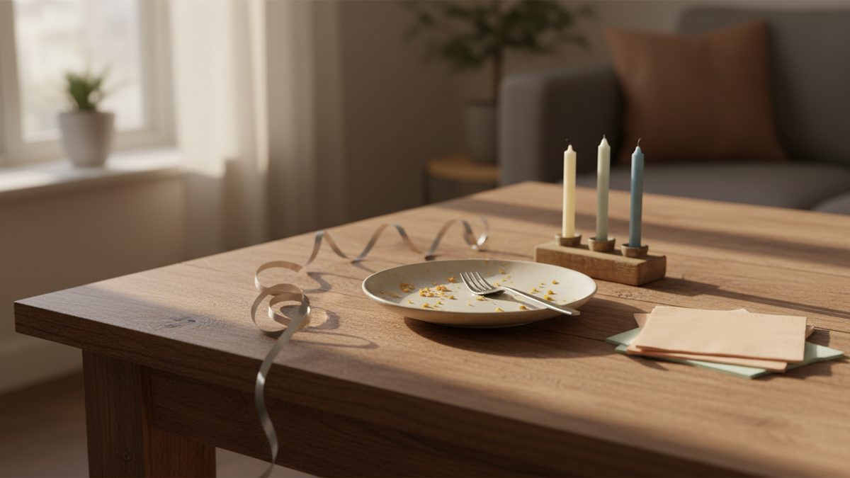 Tafel na een verjaardag met een bordje, kaarsjes en een slingerlint