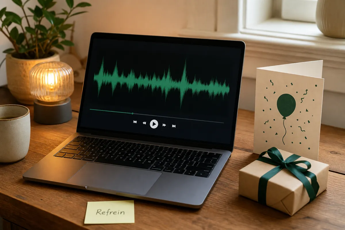 Verjaardagsliedje maken thuis: laptop met muziekspeler en waveform, verjaardagskaart met ballon en een cadeau, met een Refrein-kaartje