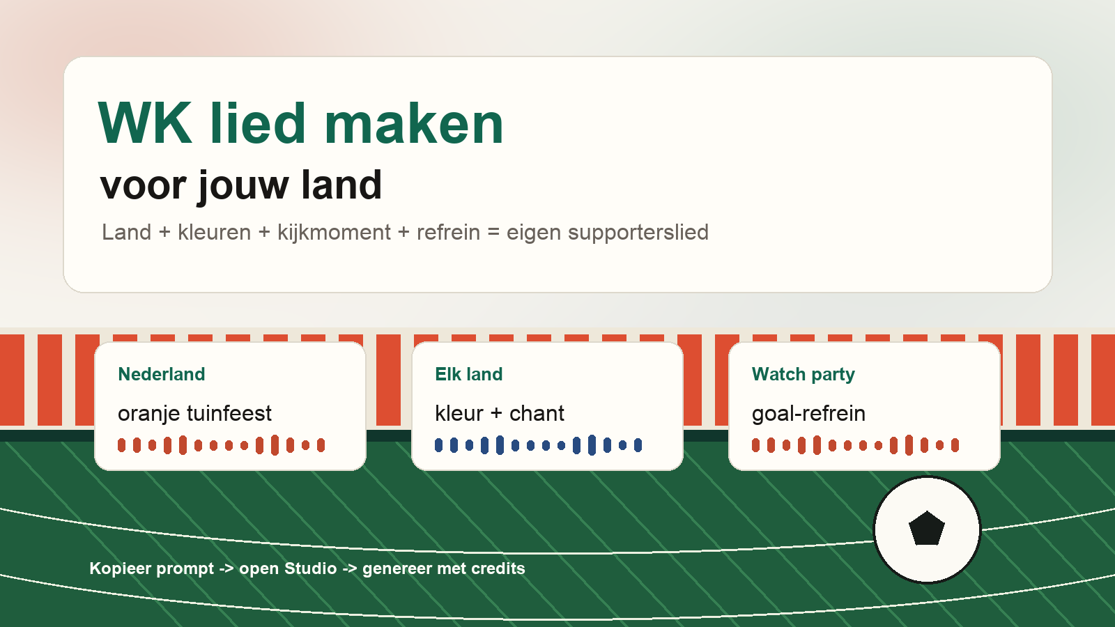 WK lied maken met AI, stadion, vlaggen, promptkaarten en waveform
