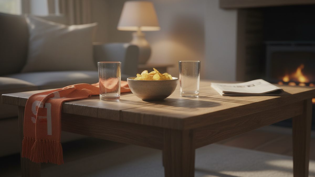 Woonkamertafel met een oranje sjaal, een schaal chips en twee glazen bij lamplicht